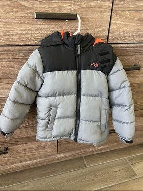 Kids Puffer Jacket - Gray & Black with Orange Accent